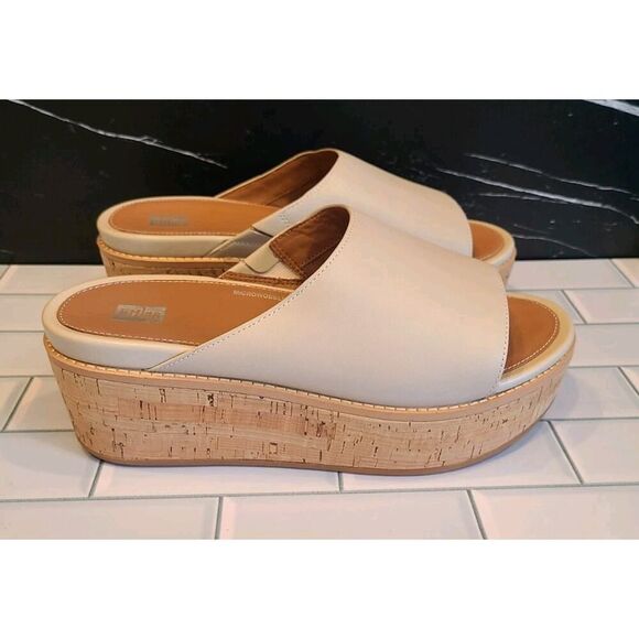 FitFlop Eloise Slides Sandals Women Stone Beige Leather Cork Wrap Wedge 9US EUC - Picture 7 of 16